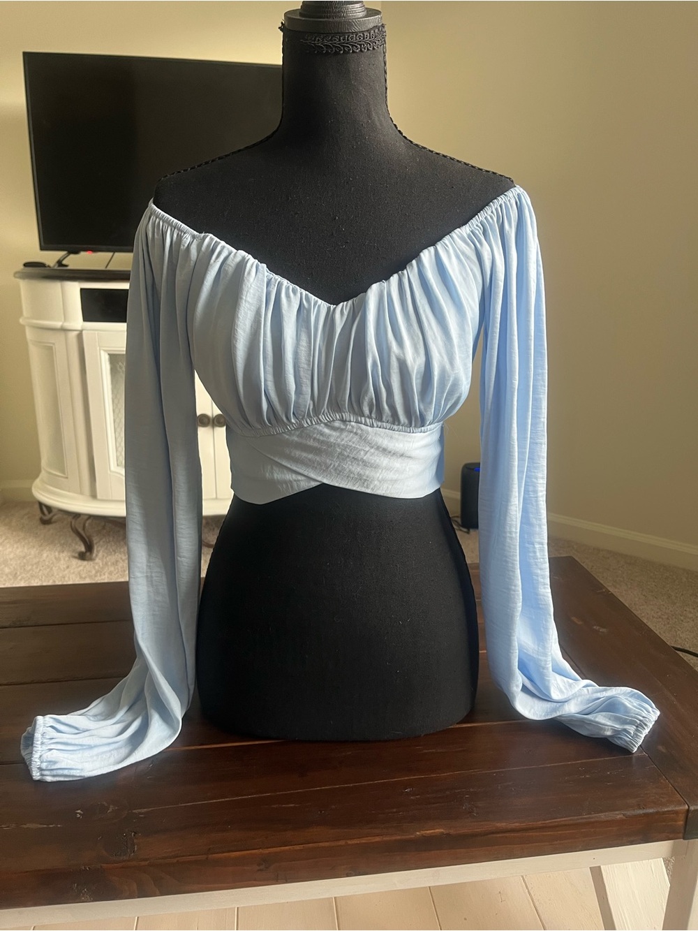 Windsor Light Blue Off-Shoulder Long Sleeve Crop Top